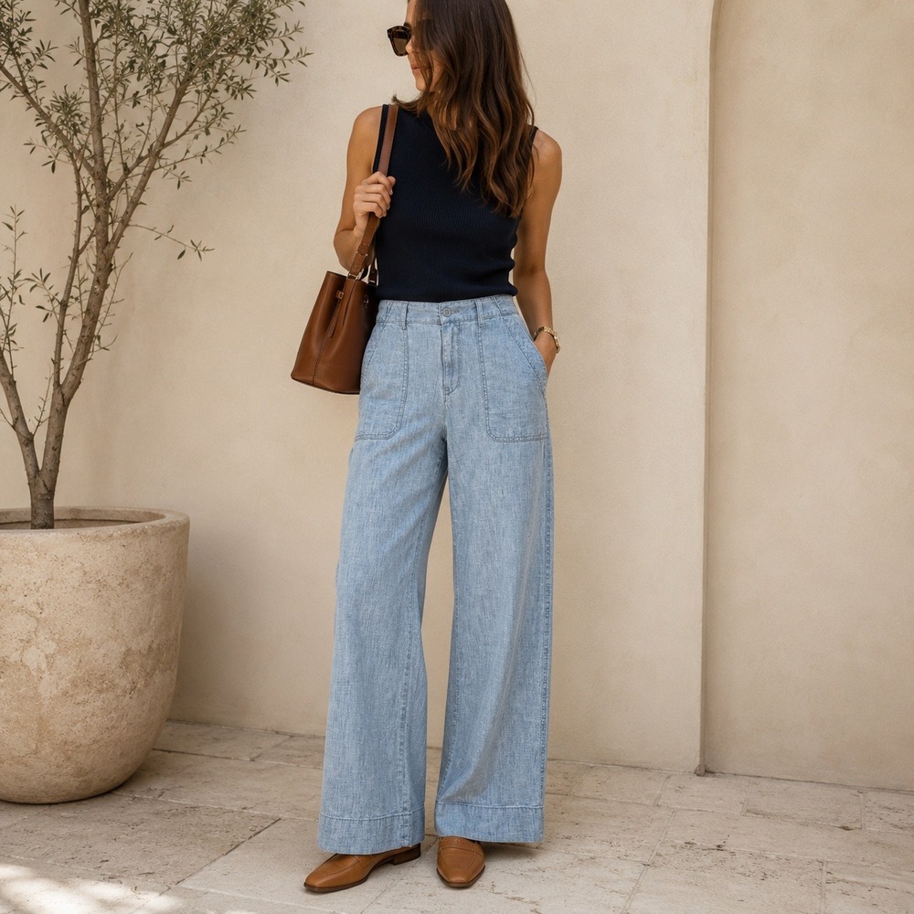 Gap Light Blue Chambray Cotton Trousers Wide Leg Pants 30 Capsule Wardrobe Boho - Picture 2 of 10